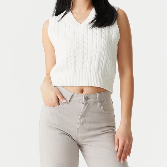 Cropped Cable Knit Vest LOT V Neck Sweater Vintage Y2K Retro XL White Green Crop - Picture 1 of 7